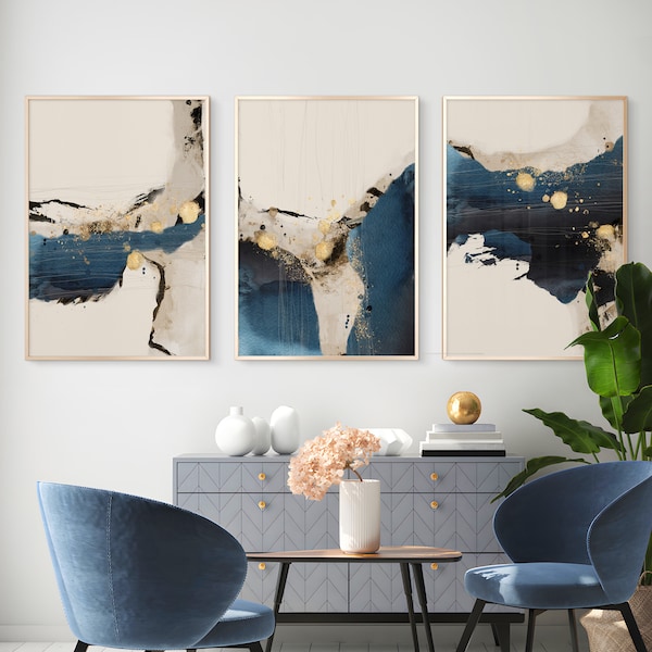 Navy Blue Abstract Wall Art Set of 3 Prints Downloadable Navy Blue Beige Gold Nordic Prints Modern Abstract Art Navy Blue Wall Art