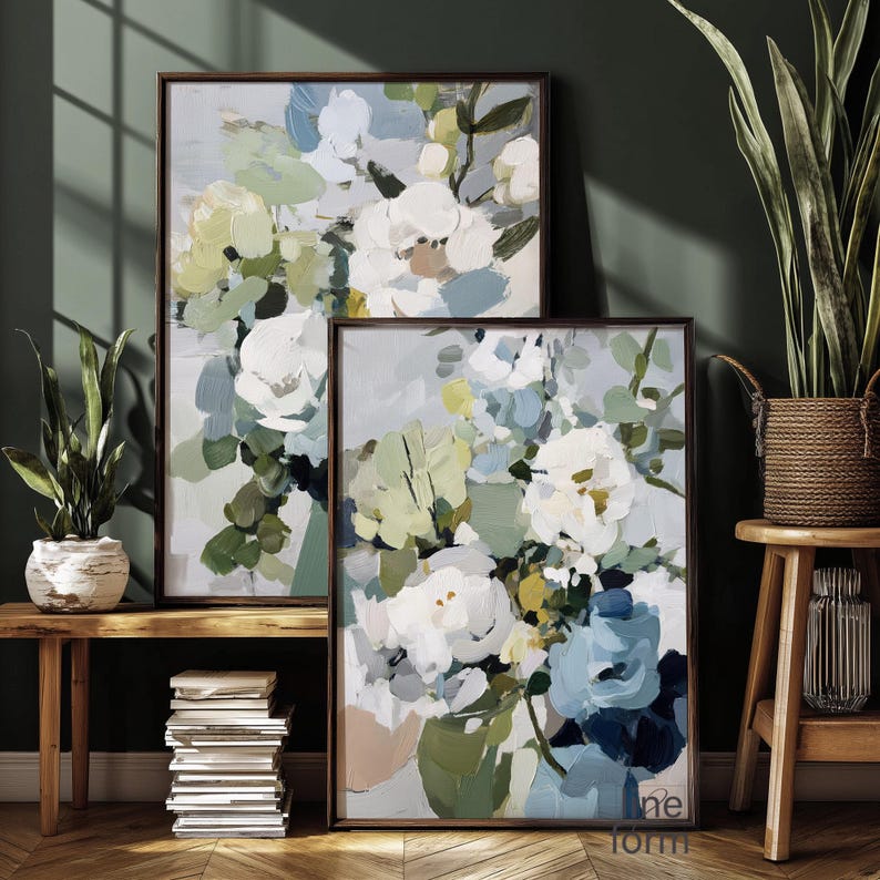 Light Blue Botanical Wall Art Set of 2: Abstract Flower Paintings in ...