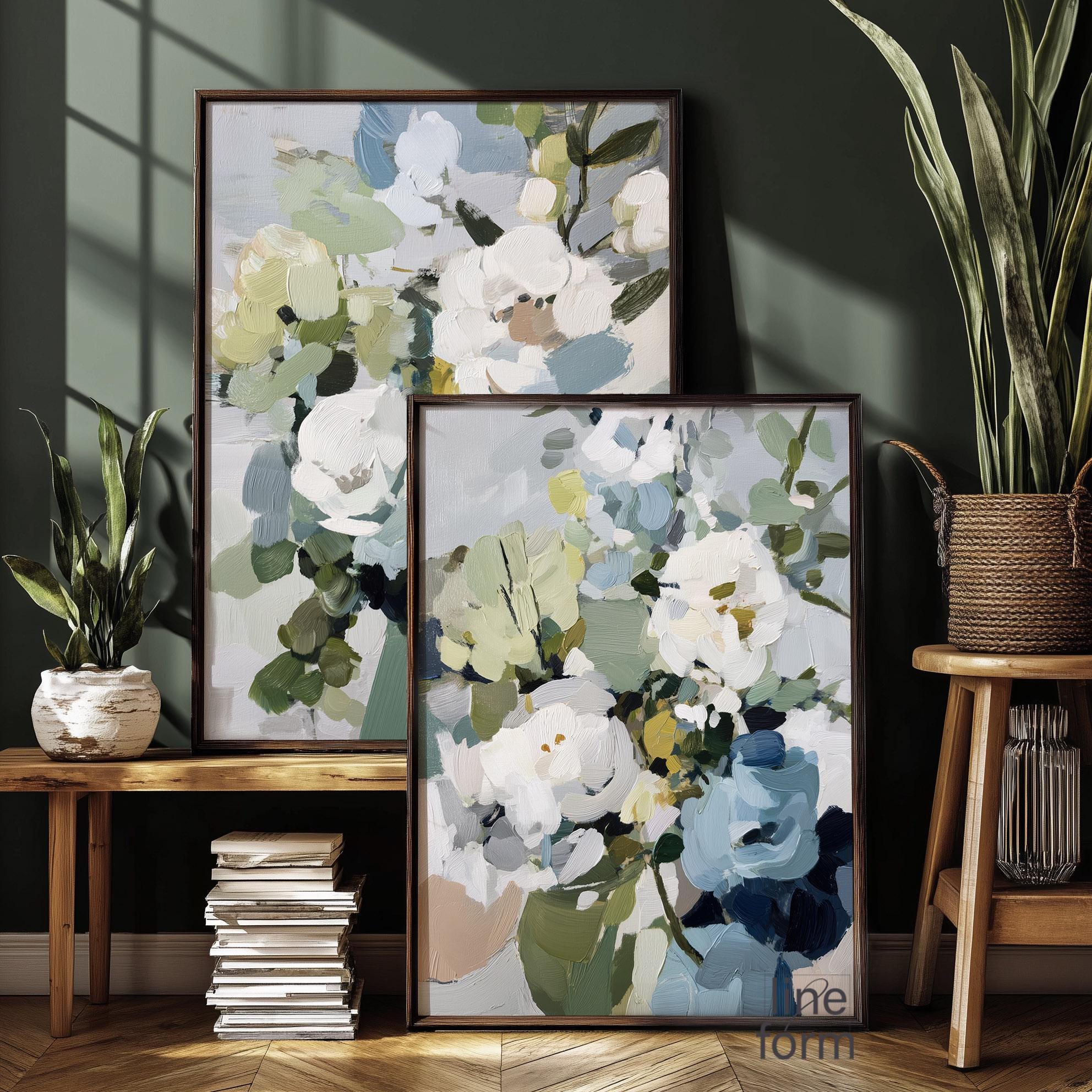 Light Blue Botanical Wall Art Set of 2: Abstract Flower Paintings in ...