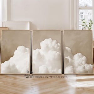 Neutral Cloud Wall Art Set of 3 Pieces, Beige Dreamy Clouds Print, Moody Cloud Print Abstract Cloud Above Bed Decor Painting Sky Wall Art