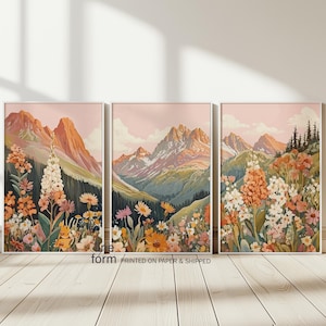 Set di tre stampe artistiche astratte con prato di montagna colorato, raffiguranti paesaggi di montagna / Poster floreali con paesaggi di montagna e campi di fiori selvatici