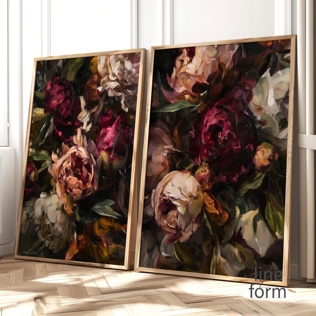Moody Dark Peony Wall Art Set of 2: Floral Oil Painting Prints - Etsy