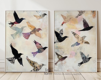 Flying Birds Print Set of 2: Abstract Pastel Wall Art