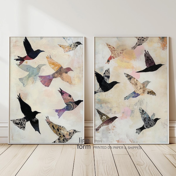 Set di 2 stampe di uccelli volanti: arte murale astratta in colori pastello