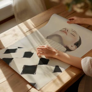 Puede incluir: Una impresi&oacute;n que presenta un retrato de una mujer con los ojos cerrados, que lleva un su&eacute;ter. La impresi&oacute;n tiene un patr&oacute;n geom&eacute;trico en blanco y negro en la parte inferior. La obra de arte se exhibe sobre una superficie de madera.