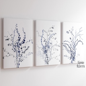 Navy Blue Botanical Watercolor Print Set of 3: Nordic Farmhouse Wall Art (Digital Download)