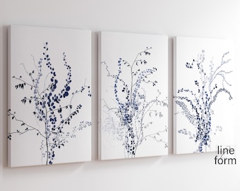 Navy Blue Botanical Watercolor Print Set of 3: Nordic Farmhouse Wall Art (Digital Download)