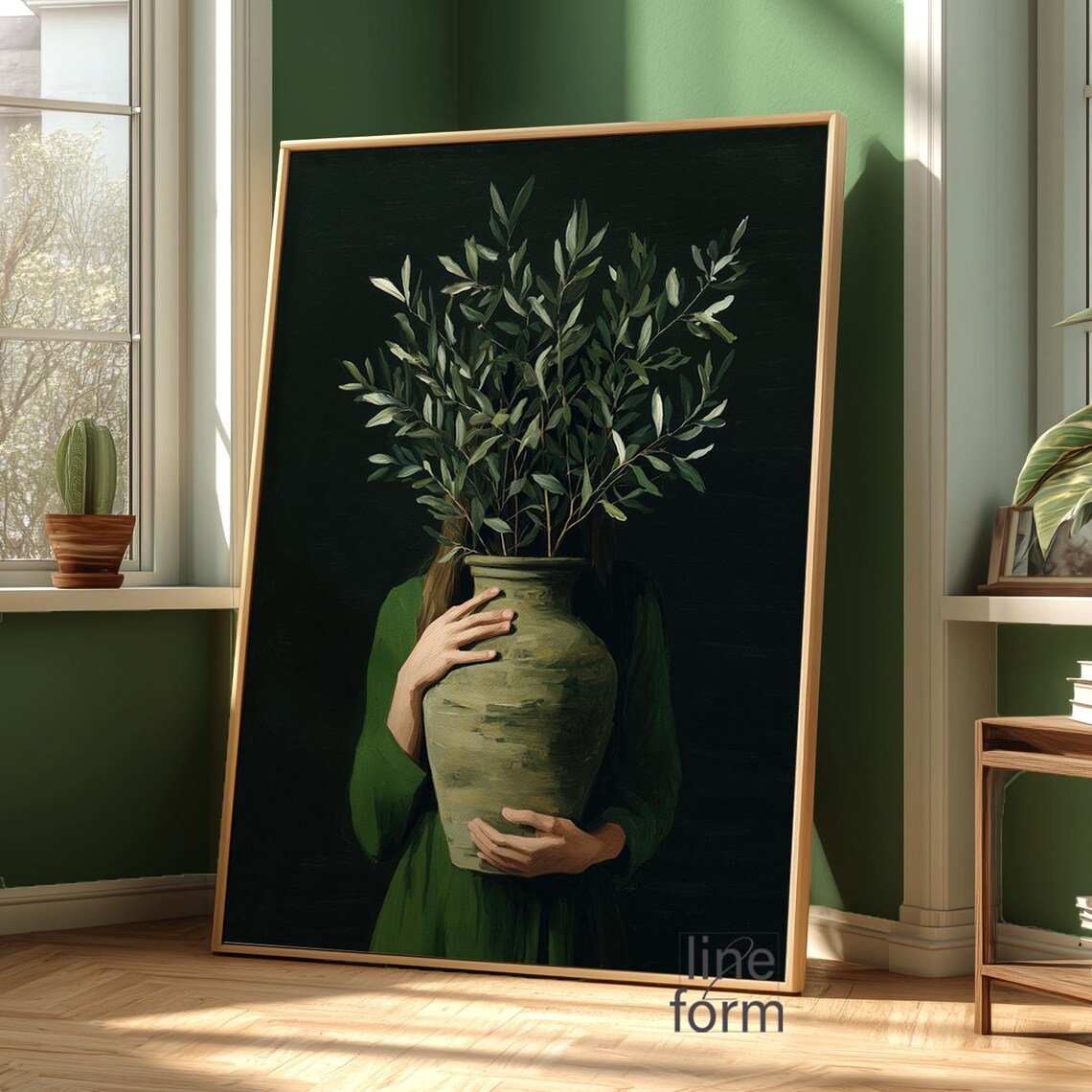 Emerald Green Woman With Olive Branch Art Print: Minimalist Japandi ...