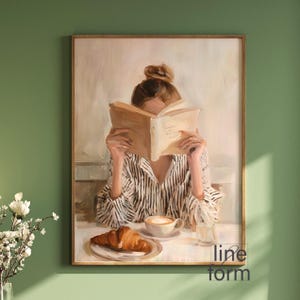 Arte della donna che legge, Arte astratta di persone, Arte astratta femminile che legge libri e caffè, Stampe artistiche per amanti dei libri, Stampe eclettiche astratte