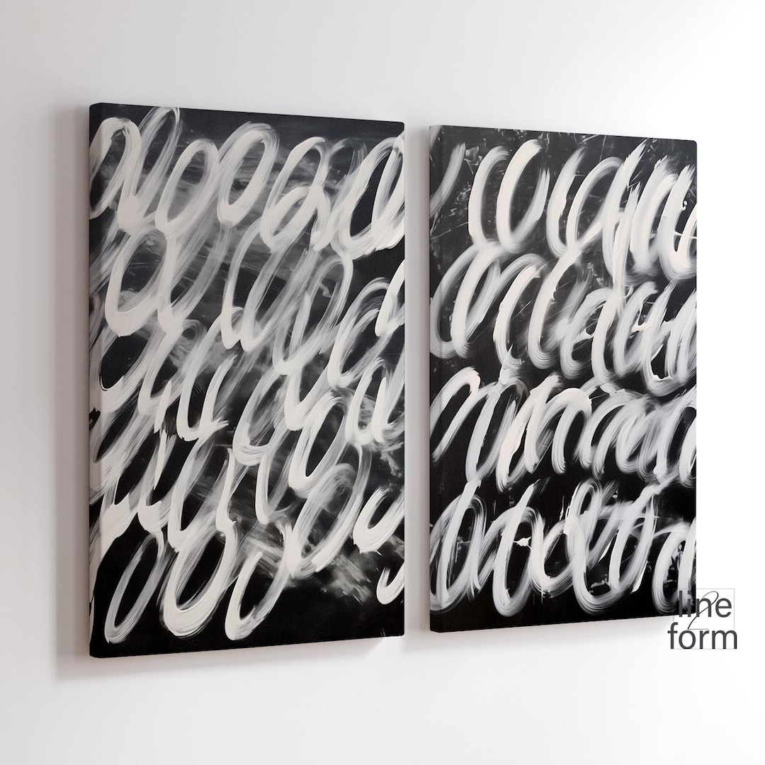 Abstract Brush Strokes Print Set: Black and White Minimalist Art ...