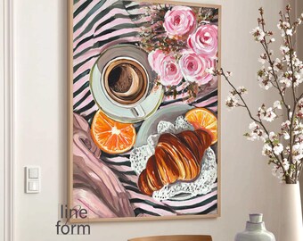 Pink Kitchen Wall Art: Breakfast Coffee and Croissant Painting
