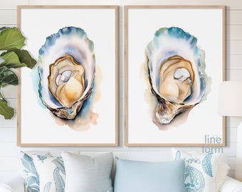 Juego de 2 impresiones artísticas de acuarela de ostras: decoración de pared costera en tonos pastel
