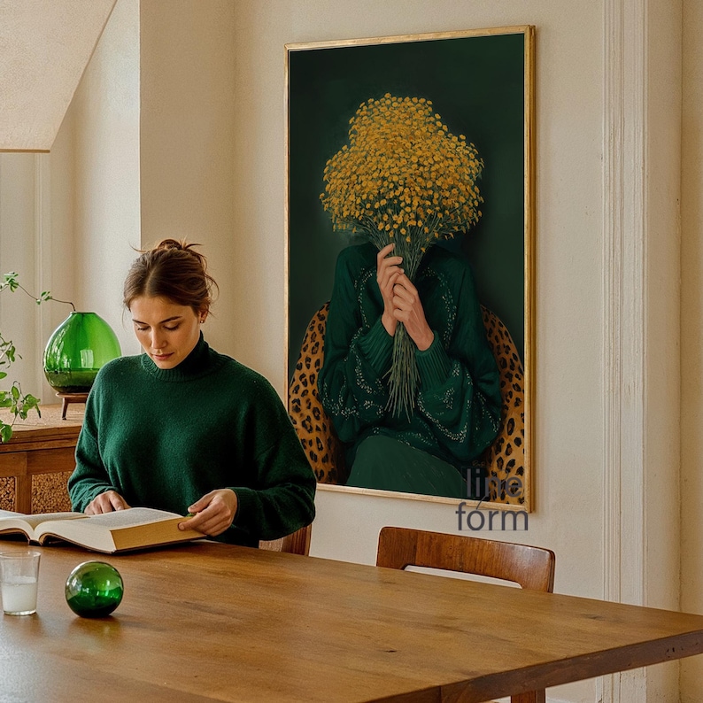 Emerald Green Woman With Yellow Flowers Art Print: Abstract Female ...