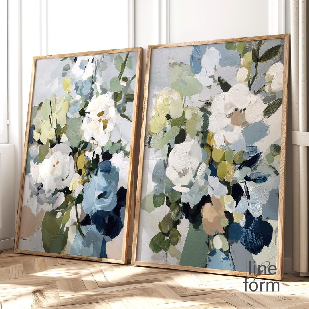 Light Blue Botanical Wall Art Set of 2: Abstract Flower Paintings in ...