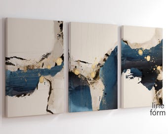 Navy Blue Gold Abstract Art Prints - Set of 3 (Digital Download)