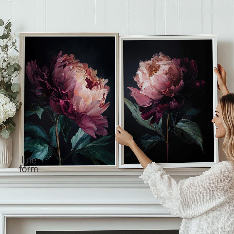 Dark Moody Peony Art Print Set: Abstract Floral Wall Decor - Etsy