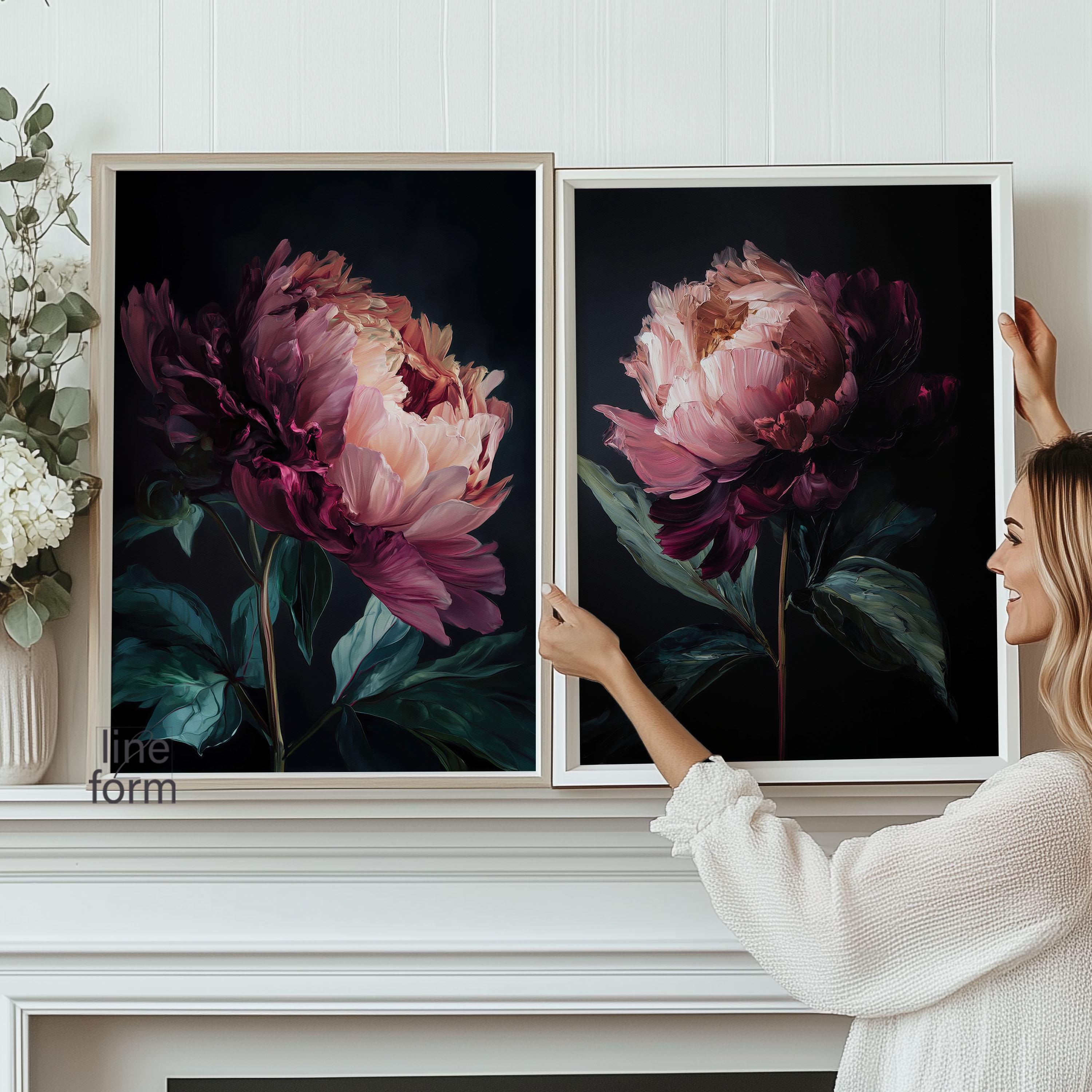 Dark Moody Peony Art Print Set: Abstract Floral Wall Decor - Etsy