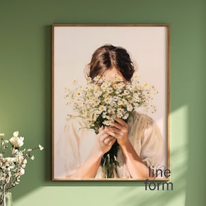 Ritratto femminile di donna con bouquet di margherite, dipinto a olio astratto di persone, dipinto astratto femminile, stampa artistica di ritratto femminile con margherite