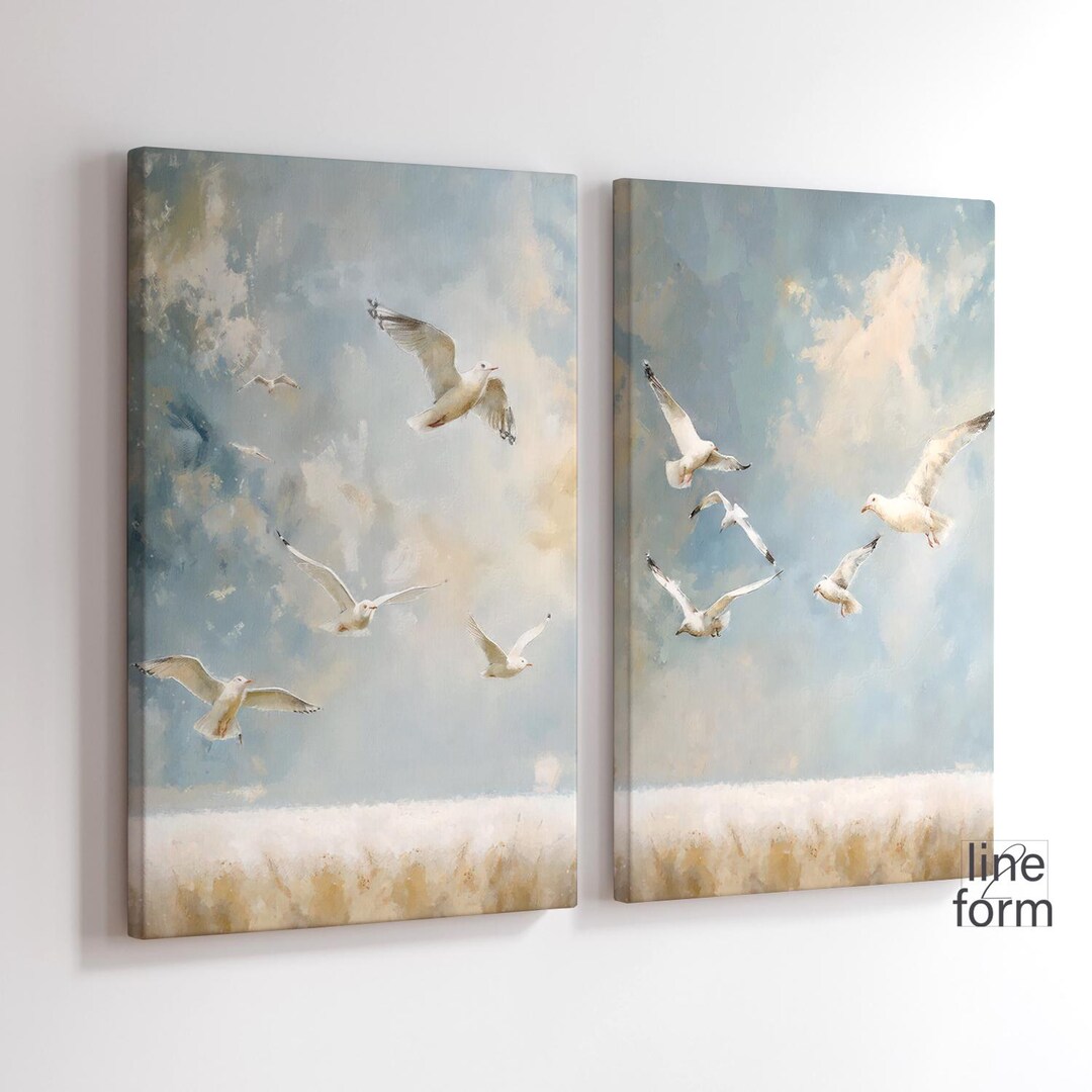 Birds Wall Art Set of 2 Prints, Light Blue Beige Flying Seagulls Wall ...