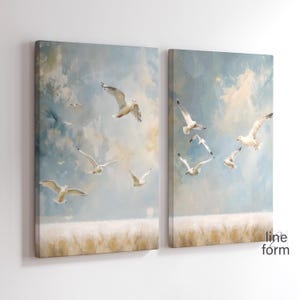 Birds Wall Art Set of 2 Prints, Light Blue Beige Flying Seagulls Wall Art, Modern Abstract Art, Flock of Birds Set of Two Prints