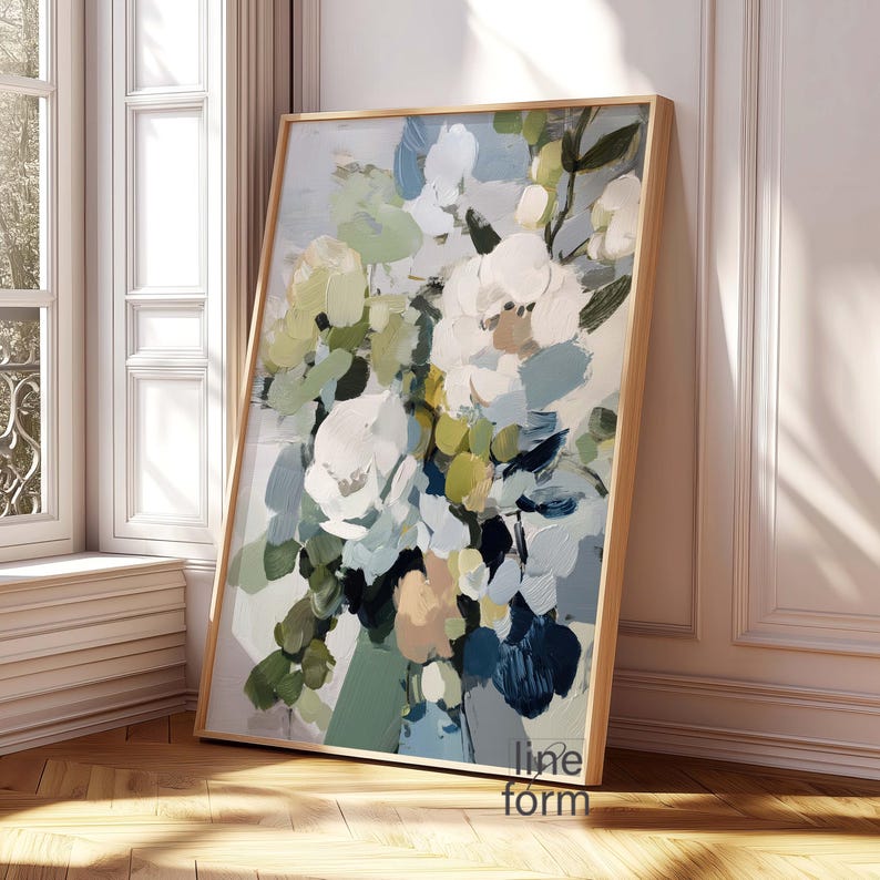 Light Blue Botanical Wall Art Set of 2: Abstract Flower Paintings in ...