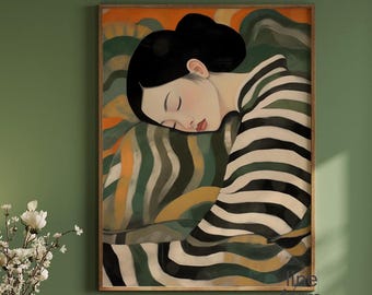 Emerald Green Geisha Art Print: Japandi Abstract Female Painting