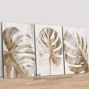 Monstera Leaf Wall Art: Neutral Beige Watercolor Prints, Set of 3