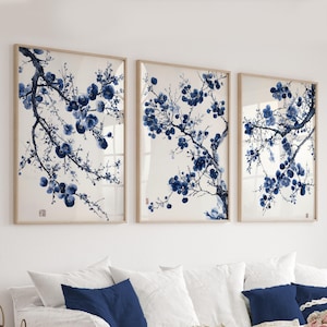 Arte murale Blue Sakura, 3 pezzi, arte murale Chinoiserie, stampa di fiori di ciliegio, arte floreale minimalista, set di stampe botaniche ad acquerello
