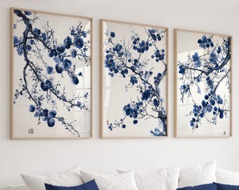 Set di 3 stampe ad acquerello Blue Sakura: arte murale floreale cinese