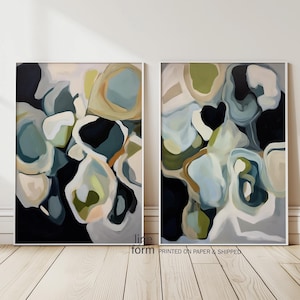 Set di 2 pezzi astratti blu-verdi da parete, forme moderne, arte verde-blu, forme moderne, arte da parete, arte neutra, arte astratta moderna