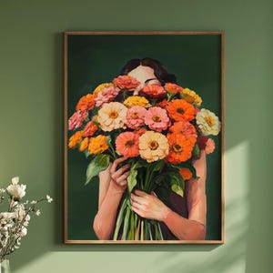 Ritratto femminile di donna con bouquet di zinnie, ...
