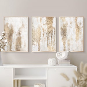 White Gold Abstract Wall Art Set of 3 Prints Neutral Nordic Prints Gold Foil Prints Modern Abstract Art Mixed Media Art Neutral Abstract Art