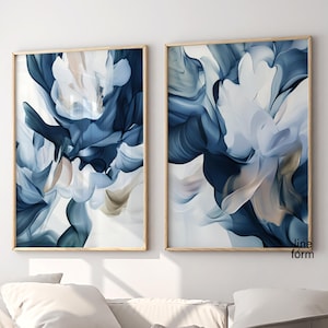 Art mural abstrait bleu marine, lot de 2 œuvres d'art mural bleu foncé, formes modernes, art mural abstrait moderne, décoration murale bleue pour la maison