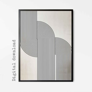 May include: Abstract geometric art print with black and white stripes forming curved shapes on a beige background. The print is framed in a black frame.