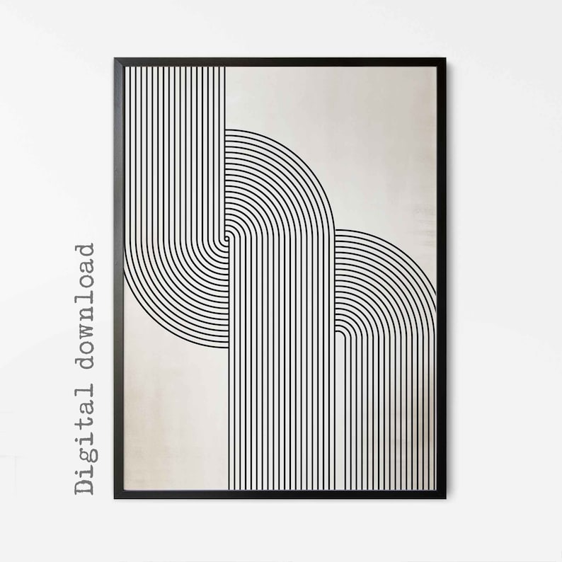 May include: Abstract geometric art print with black and white stripes forming curved shapes on a beige background. The print is framed in a black frame.