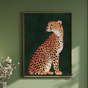May include: A digital illustration of a cheetah sitting on a dark green background. The cheetah is facing to the left and has a spotted orange and black coat.