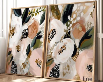 Juego de 2 láminas decorativas florales en tonos pastel suaves: Láminas botánicas abstractas de peonías (sin marco)