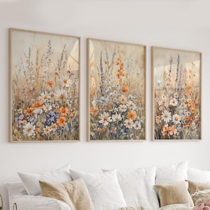 Wildflower Painting Set of Three Pieces, Watercolor Meadow Print, Countryside Watercolor Meadow Wildflower Field Print, Delicate Floral Art