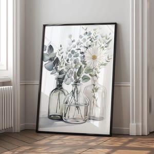 Arte de flores en jarrones, impresión de jarrones con acuarela, póster floral de eucalipto para pared, arte mural verde danés, decoración artística con flores bonitas