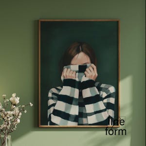 Arte astratta di persone verde smeraldo, pittura astratta femminile a strisce Japandi minimale, arte figurativa, persone che dipingono stampe eclettiche astratte