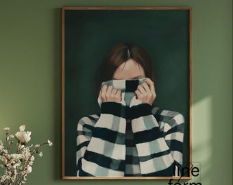 Smaragdgrün Abstrakte Menschen Kunst, Minimal Japandi Streifen Weibliche Abstrakte Malerei, Figurative Kunst, Menschen Malerei Abstrakte Eklektische Drucke