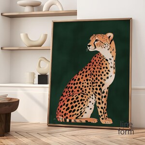 May include: A digital illustration of a cheetah sitting on a dark green background. The cheetah is facing to the left and has a light orange and black spotted coat.