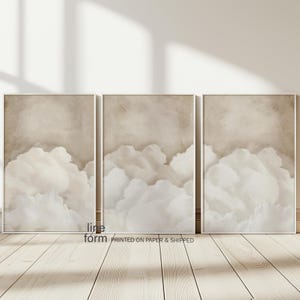 Set di 3 stampe da parete con nuvole beige, stampe astratte neutre con nuvole, stampe con nuvole sopra il letto, stampe da parete con cielo