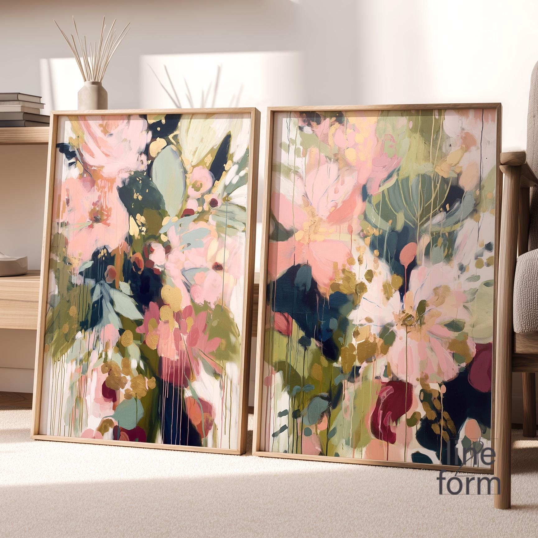 Set of 2 Abstract Floral Art Prints: Blush Pink & Green Botanical Wall ...