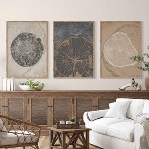 Tree ring prints set of 3 in beige and black, neutral abstract tree rings wall art, great for beige rustic and country decor.