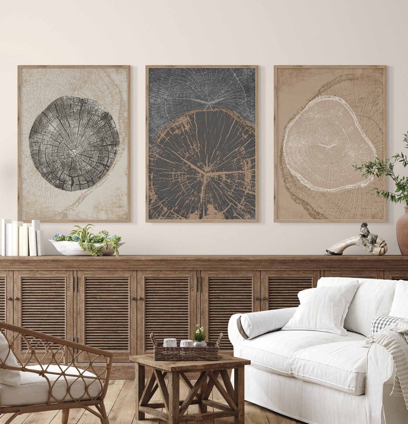 Tree ring prints set of 3 in beige and black, neutral abstract tree rings wall art, great for beige rustic and country decor.