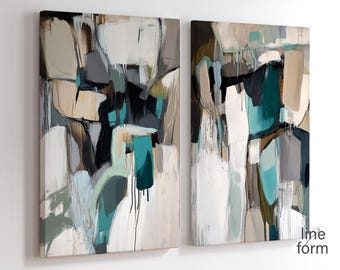 Puede incluir: Dos pinturas abstractas con fondo blanco y salpicaduras de pintura turquesa, marrón y negra. Las pinturas están enmarcadas y listas para colgar.