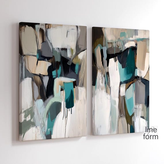 Beige Green Abstract Art Prints Set of 2: Modern Oil Painting Digital Download)