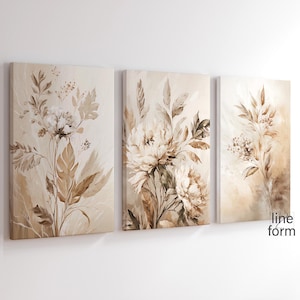 Neutral Floral Print Set of 3, Beige Floral 3 Piece Wall Art, Printable Floral Oil Painting, Botanical Wall Prints, Neutral Wall Prints