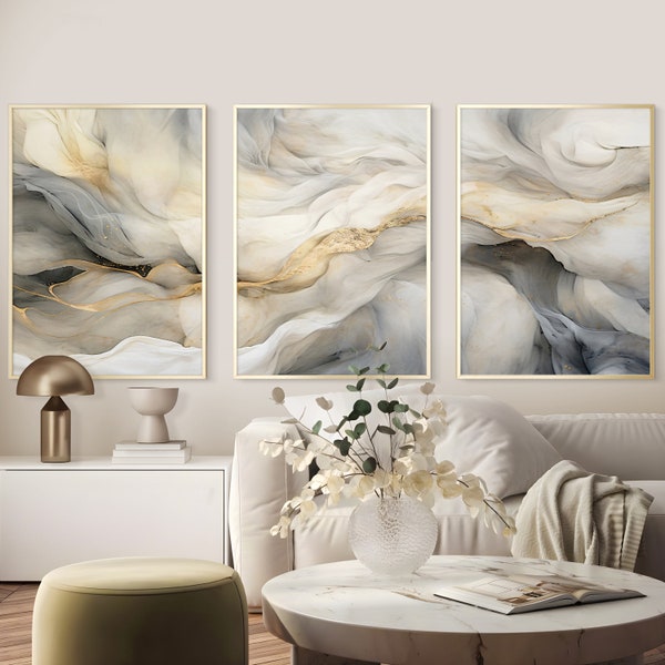 Ensemble abstrait neutre de 3 impressions, impressions murales en marbre, 3 pièces d'art abstrait beige et gris, art abstrait moderne, art en marbre doré
